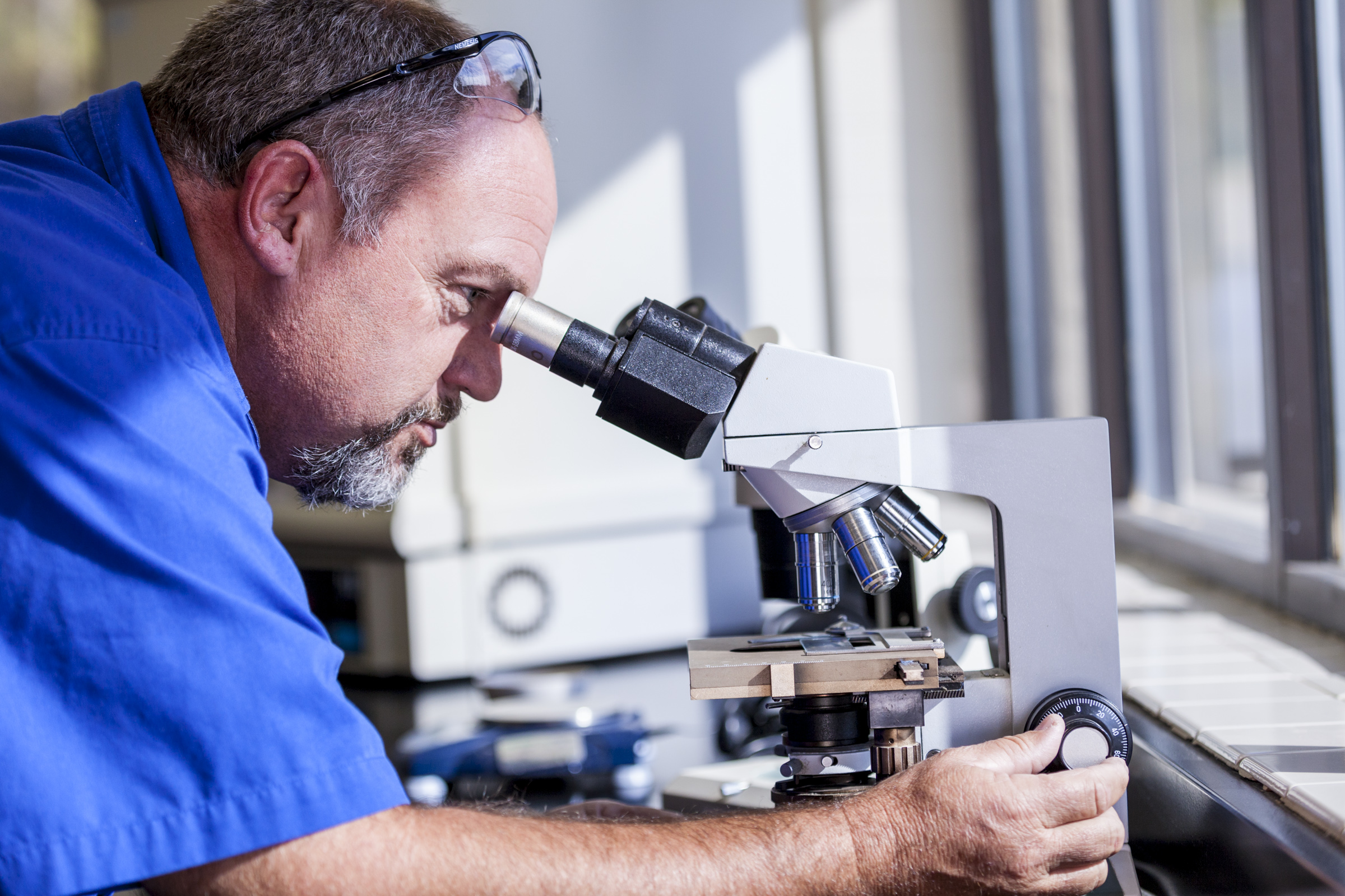 lab tech with microscope